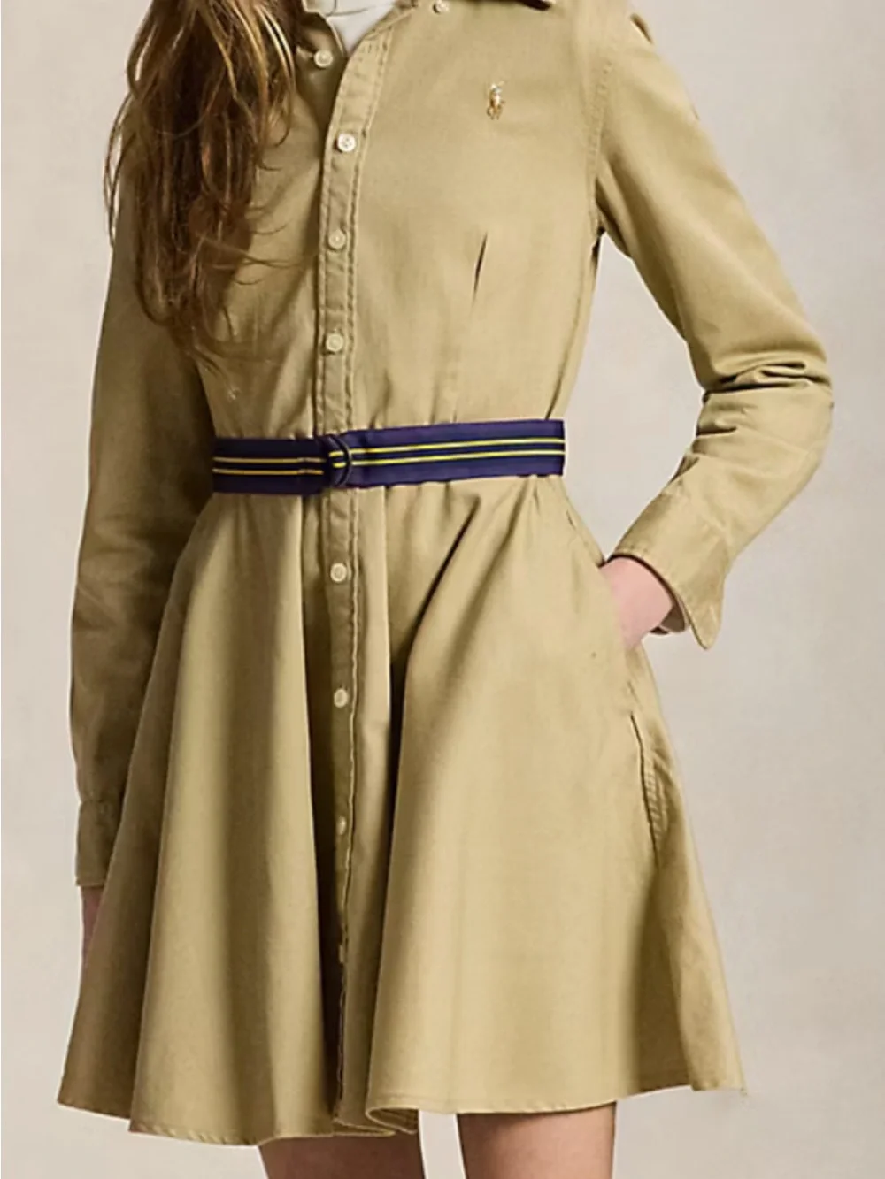 Ralph Lauren Khaki Button-Down Shirt Dress purple Yellow Stripe Belt girls 14